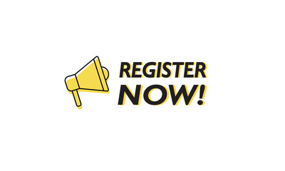 register now megaphone banner design with white background .eps 10 vector