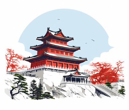 Illustration of a Chinese city with traditional architecture