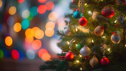 A beautifully decorated Christmas tree with twinkling lights in the background