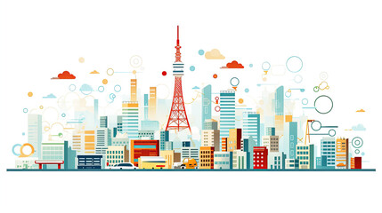 City illustration. Towers and buildings in modern flat style on white background. Japanese signs "Shop" and "Electronics.