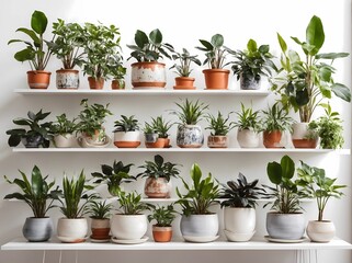 Plants in pots on table | Collection of various houseplants displayed in ceramic pots with transparent background. Potted exotic house plants on white shelf against white wall. Home garden banner.