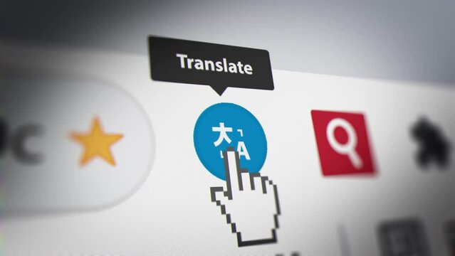 Animated Mouse Cursor Clicking Translator Button on Browser. Fictitious Data Created Exclusively for This Concept Footage
