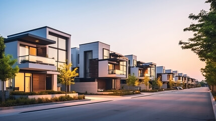 Fototapeta premium House building and city construction concept: evening outdoor urban view of modern real estate homes