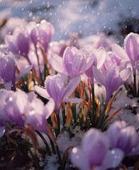 purple crocs in the snow, with water droplets on them and drops falling from the top to the bottom