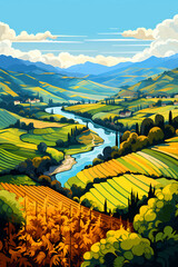 Illustration of a beautiful view of the vineyard terraces - obrazy, fototapety, plakaty