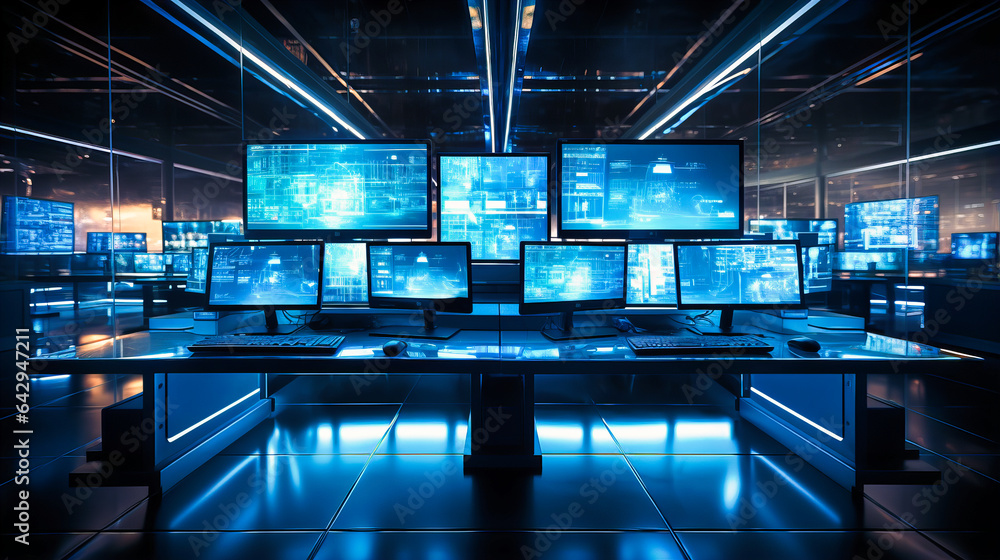 Poster it support desk with multiple screens and server racks