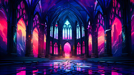 Neon Stained Glass Cathedral Glow - obrazy, fototapety, plakaty