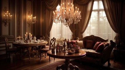Interior design inspiration of Traditional Glamorous style home dining room loveliness decorated with Velvet and Gold material and Chandelier .Generative AI home interior design .
