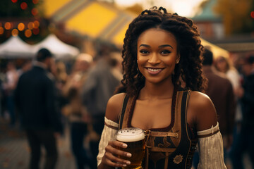 black German woman in a traditional Octoberfest dress holding a glass of beer at a beer festival