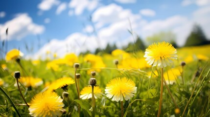 yellow dandelion flowers on a meadow in nature during summer.  Fields of Yellow Dandelions in Full Bloom perfect for conveying feelings of peace and tranquility.