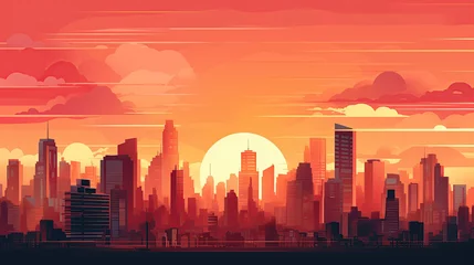 Foto op Aluminium Sunset or sunrise Modern city skyscrapers panorama of tall buildings, urban background. Pop art retro vector illustration comic style vintage © Sasint