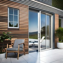 UK house exterior with wooden casement window and white wall rendering.AI generated