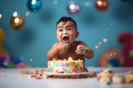Baby smashing cake. Generate Ai