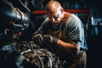 Fototapeta na wymiar Automotive Mechanic Job. Caucasian Auto car Service Worker and the Vehicle