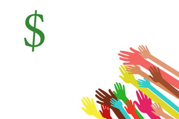 Many hands reach for money. People chase money. Social issues