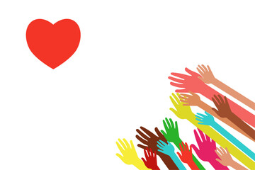 People stretch their hands to the image of a heart. All you need is love. Social issues