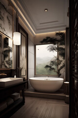 China style interior of bathroom in luxury house.