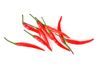 Red chili peppers, isolated on white background. top view