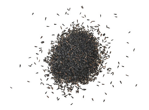 Pile of bird niger seed Guizotia abyssinica isolated on white background