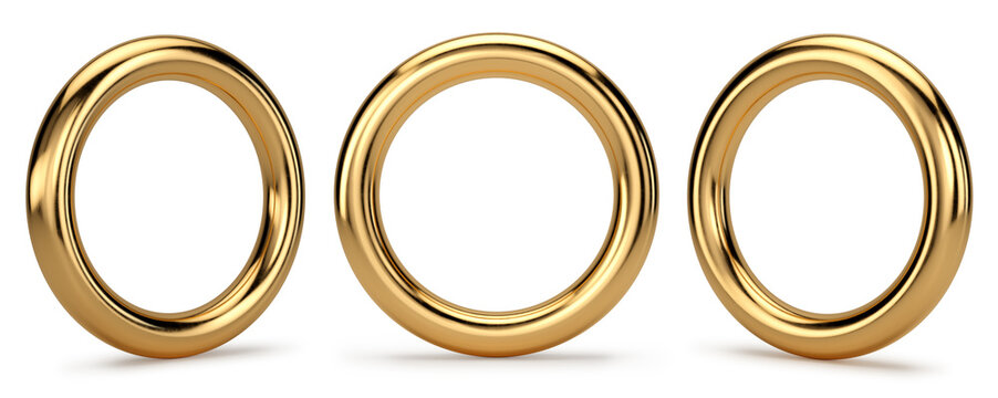 Gold rings on a white background. 3D illustration