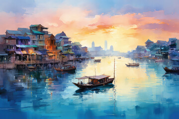 Lifestyle of local vietnamese living in a boat at Can Tho in beautiful morning sunrise, most famous and biggest floating market in Mekong Delta, Vietnam- oil painting. (ai generated) - obrazy, fototapety, plakaty