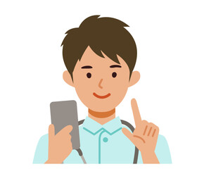 Working nurse man. Healthcare conceptMan cartoon character. People face profiles avatars and icons. Close up image of man using smartphone.