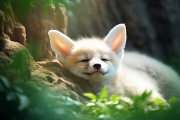 Naklejka na ściany i meble Fennec of cute children. Gentle background of light. Nature and animal concept.