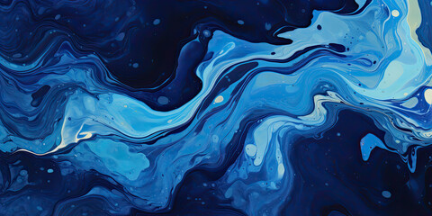Dynamic marbled oil and acrylic abstract art. Blue, white and black blend fluidly, forming a captivating, marbled paper texture. Ideal for wallpapers, banners, and illustrations.