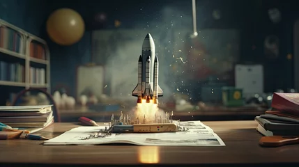 Foto op Canvas rocket launching on opened book, on table of school class room © ZoomTeam