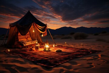 Oriental rug with canopy campfire. Night in the desert. - obrazy, fototapety, plakaty