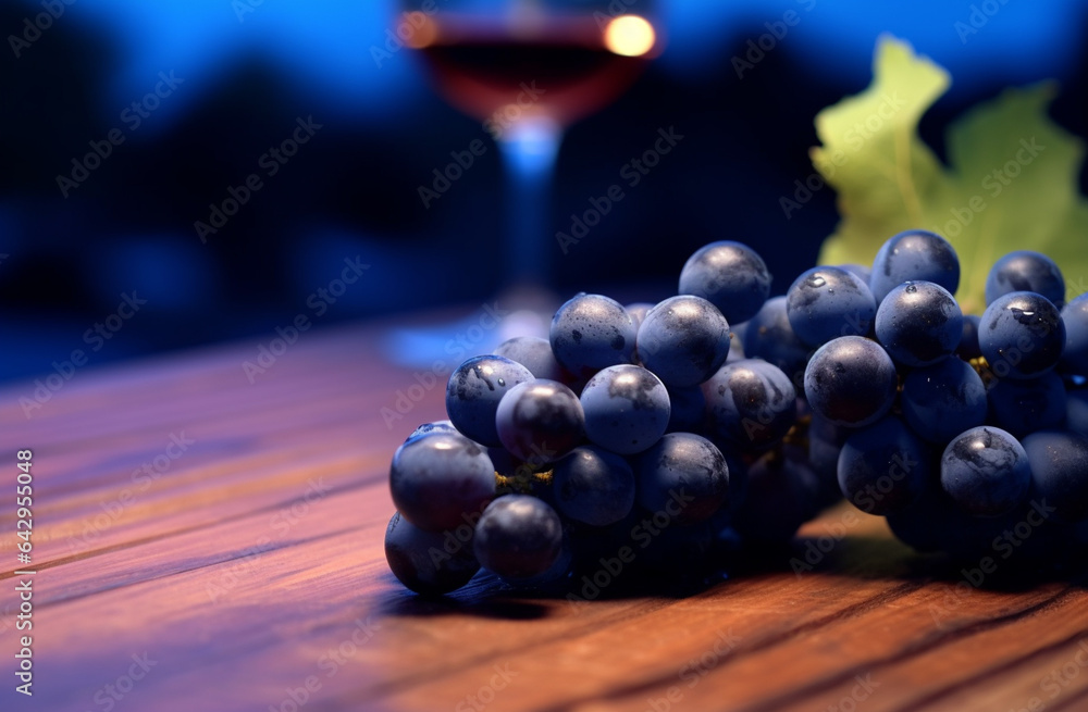 Poster Bunch of grapes on a wooden table