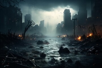 Flooded city. Natural disaster and rising water levels.