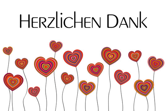 Herzlichen Dank - Schriftzug in deutscher Sprache. Dankeskarte mit bunten Herzblumen.