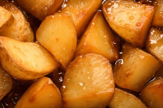 a macro image of a texture of potato cubes and pieces roasted in oil or deep fried. Close-up. filling the frame.