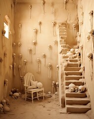 an old room with many skeletons on the wall and stairs leading up to the second floor, which is filled with bones