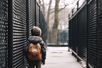 a little boy with a backpack walking down the street in front of a row of black metal fences on a cold winter day - Powered by Adobe