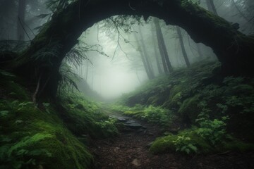 Mystery forest arch fog. Generate Ai