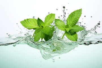fresh mint leaves and water flow splash Menthol, peppermint isolated on white background