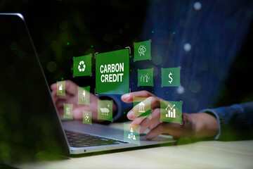 Green energy, Carbon credit market concept. Businessman pointing Carbon credit icon. Net zero in...