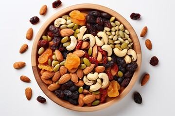 mixed Dried fruit and nuts trail mix with almonds, raisins, seeds isolated on white background, top...