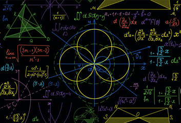Colorful math vector seamless background with handwritten multicolored formulas, figures and calculations