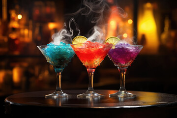 Colorful cocktails on the dark table with light smoke waves
