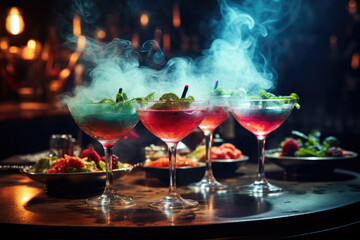 Colorful cocktails on the dark table with light smoke waves
