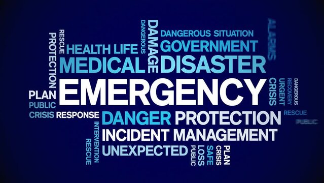 Emergency animated tag word cloud;text design animation kinetic typography seamless loop.