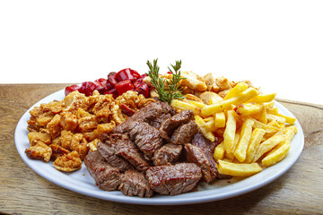 Snacks with fries, crackers, meat, pork, sausage