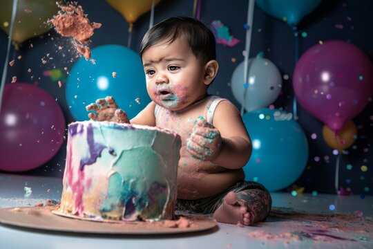 Baby smashing cake. Generate Ai