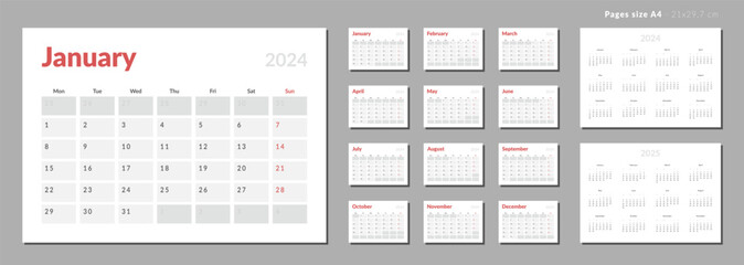 Set of Monthly pages Calendar Planner Templates 2024-2025 for wall or desk in grey and red color. Vector layout of calendar with week start Monday for print. Pages for size A4 or 21x29.7 cm