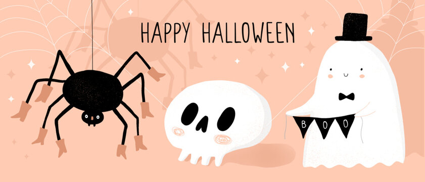 Cute Hand Drawn Halloween Card.Little Happy Ghost, Spider and Skull.White Kawaii Style Ghost in a Hat on a Coral Pink Background. Happy Halloween.Halloween Illustration ideal for Card, Poster, Banner.