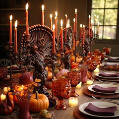 a thanksgiving dinner table setting with candles, pumpkins and turkey figs on the centerpiece in orange tones