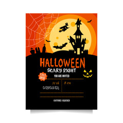 Halloween party invitation with a spooky pumpkin, witch, castle, bats and graves in full moon